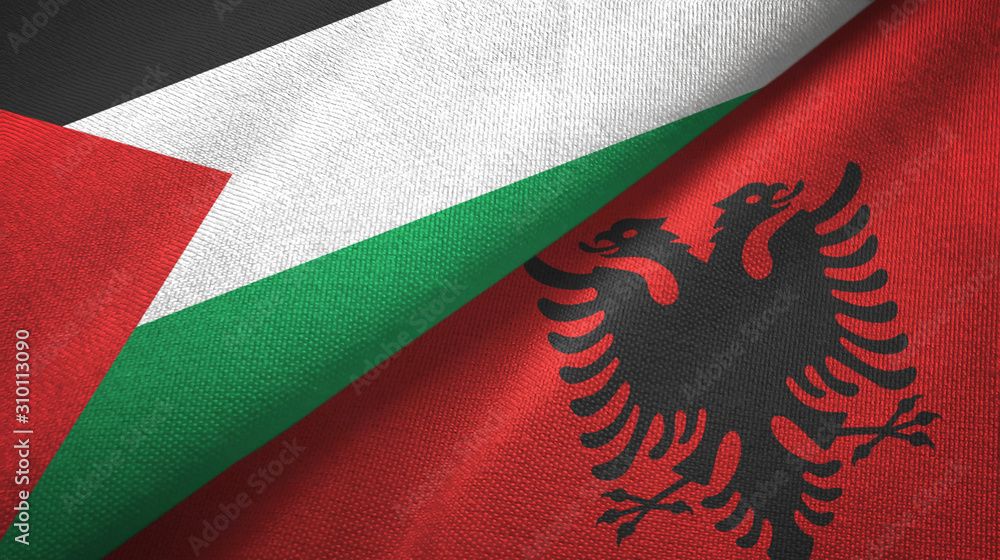 Palestine and Albania two flags textile cloth, fabric texture Palestine and Albania two flags textile cloth, fabric texture