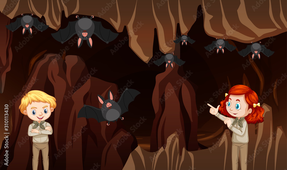 Scene with kids and bats in the cave