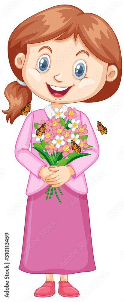 Girl with pretty flowers on white background