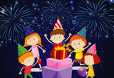 Many children having party with fireworks in background