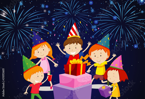 Many children having party with fireworks in background
