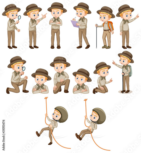Set of boy in safari outfit doing different activities