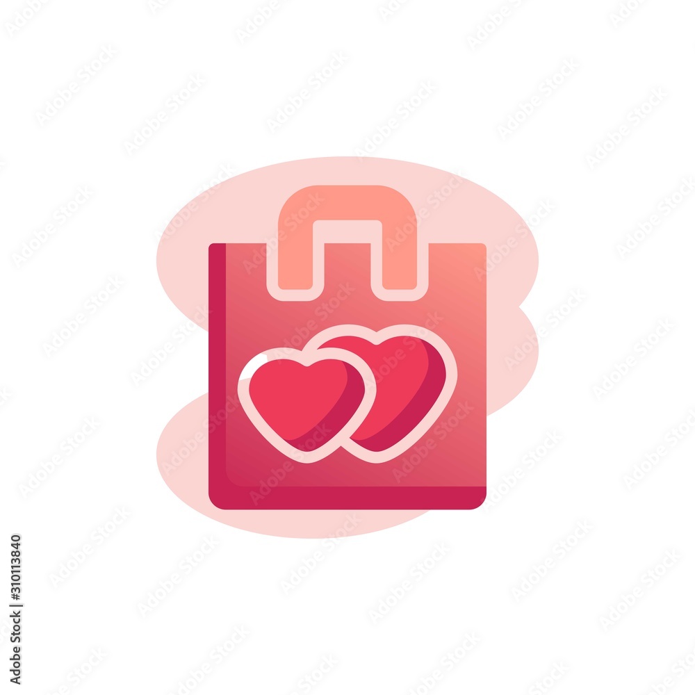 Shopping bag with hearts flat icon, vector sign, Valentine day gift bag colorful pictogram isolated on white. Symbol, logo illustration. Flat style design Shopping bag with hearts flat icon, vector sign, Valentine day gift bag colorful pictogram isolated on white. Symbol, logo illustration. Flat style design
