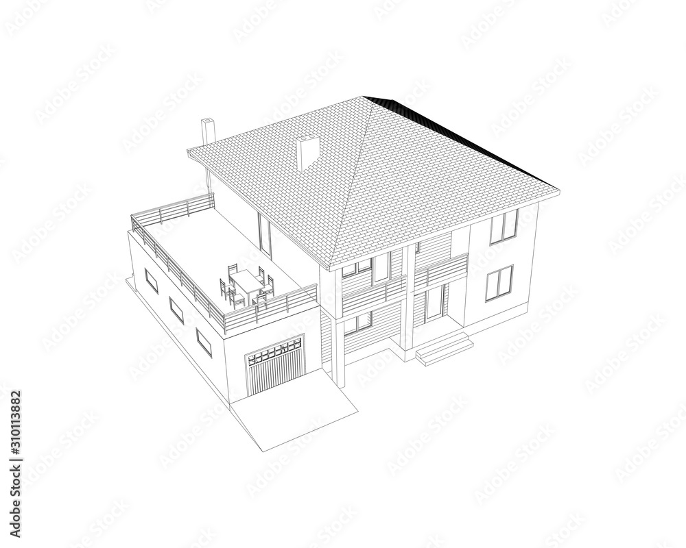 3D suburban house model. Drawing of the modern building. Cottage project on white background. Vector contour blueprint. 3D suburban house model. Drawing of the modern building. Cottage project on white background. Vector contour blueprint.