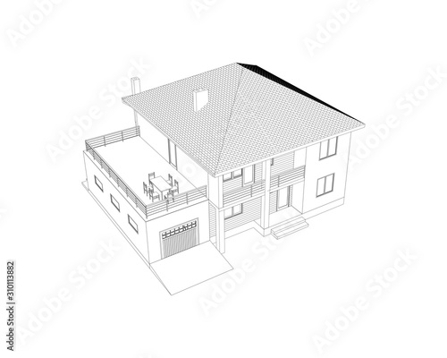 3D suburban house model. Drawing of the modern building. Cottage project on white background. Vector contour blueprint.