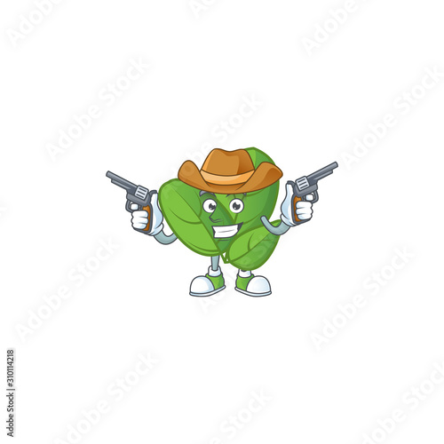 Smiling basil mascot icon as a Cowboy holding guns