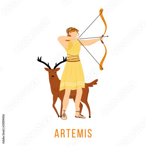 Artemis flat vector illustration. Ancient Greek deity. Goddess of Moon, hunt and archery. Mythology. Divine mythological figure. Isolated cartoon character on white background