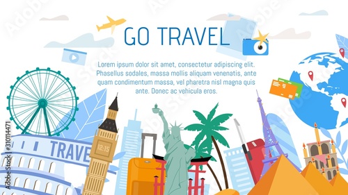 Travel Agency, Online Service for Tourists or Travelers Trendy Flat Vector Advertising Banner, Promo Poster Template. Airplane Flying Over Word Famous Architecture, Historical Attractions Illustration