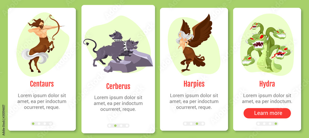 Greek mythology onboarding mobile app screen vector template. Fantastical creatures and beasts. Walkthrough website steps with flat characters. UX, UI, GUI smartphone cartoon interface concept