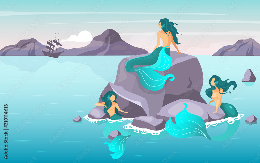 Sirens flat vector illustration. Fairy creatures lure ship on reef. Miren scene. Fantasical beast on island coast. Half-woman fairy monster in sea. Greek mythology. Mermaids cartoon characters
