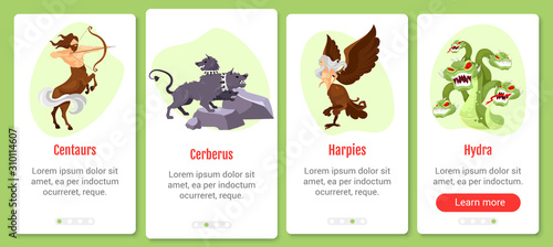 Greek mythology onboarding mobile app screen vector template. Fantastical creatures and beasts. Walkthrough website steps with flat characters. UX, UI, GUI smartphone cartoon interface concept