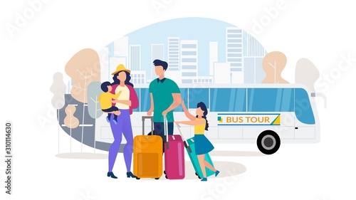 Traveling Family, Bus Tours for Tourist with Kids Trendy Flat Vector Concept. Mother and Father, Parents with Children Carrying Baggage, Going on Vacation Journey on Comfortable Coach Bus Illustration