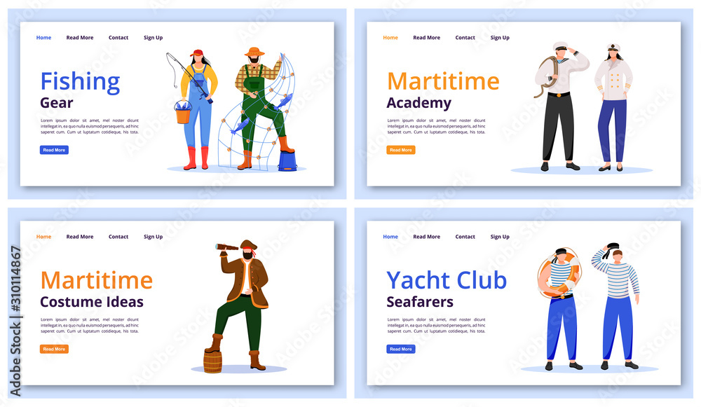 Maritime characters landing page vector templates set. Fishing gear website interface idea with flat illustrations. Marine costume ideas homepage layout. Yacht club web banner, webpage cartoon concept