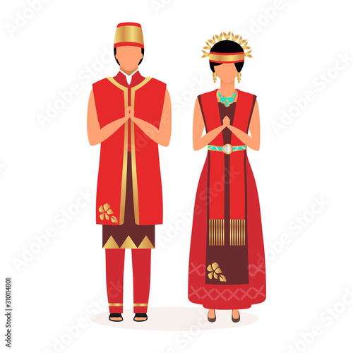 Indonesians flat vector illustration. Adult couple. Greetings. Indigenous people. Asian culture. People dressed in national festive red clothing isolated cartoon character on white background