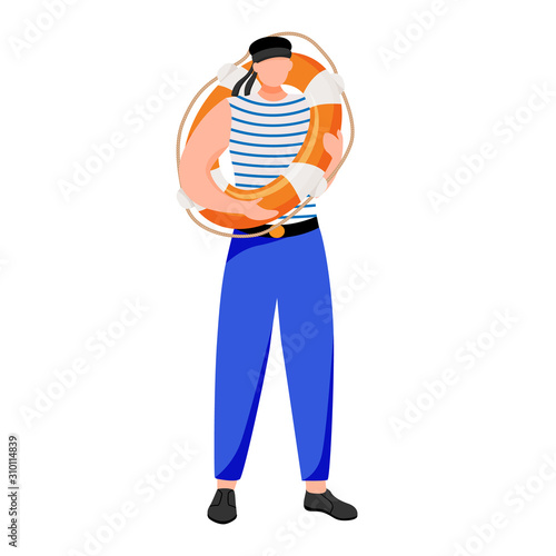 Boatswain flat vector illustration. Maritime occupation. Seafarer in work uniform. Sailor with lifebuoy isolated cartoon character on white background