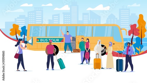 Traveling with Bus Tours Trendy Flat Vector Concept. Multinational Tourists Group with Baggage Bags, Waiting for Journey on Bus, Female Guide, Excursionist Doing Speaking in Loudspeaker Illustration