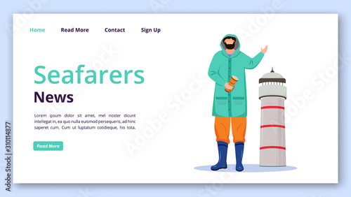 Seafarers news landing page vector template. Lighthouse keeper website interface idea with flat illustrations. Newsletter homepage layout. News publication web banner, webpage cartoon concept