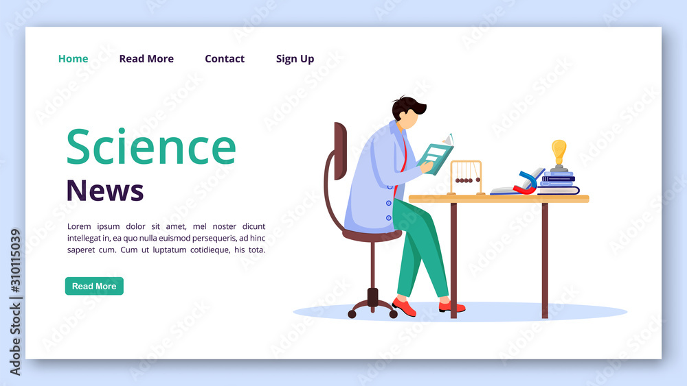 Science news landing page vector template. Reading researches website interface idea with flat illustrations. Physics discoveries homepage layout, web banner, webpage cartoon concept