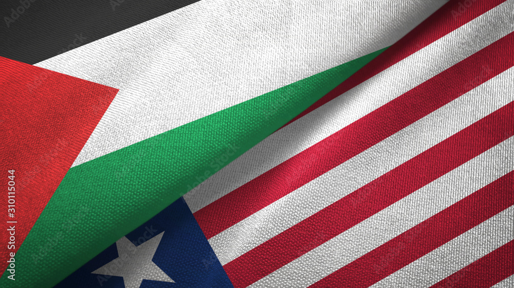Palestine and Liberia two flags textile cloth, fabric texture