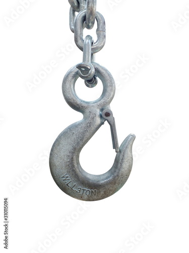 Steel hook and chain of crane isolated on white background
