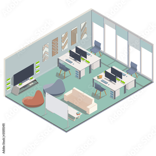 Vector isometric corporate office interior. Office furniture, cubicle desk, desktop computer with monitors, flip chart, stationery, abstract art on wall.