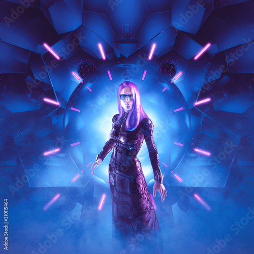 Fotografi The digital sorceress / 3D illustration of cyberpunk woman with sunglasses in fu