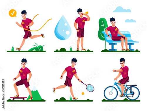 Outdoor Sports  Healthy Lifestyle Activities  Summer Active Recreation Types Trendy Flat Vector Concepts Set. Young Man Character in Sportswear  Jogging  Skating  Biking  Playing Tennis Illustrations