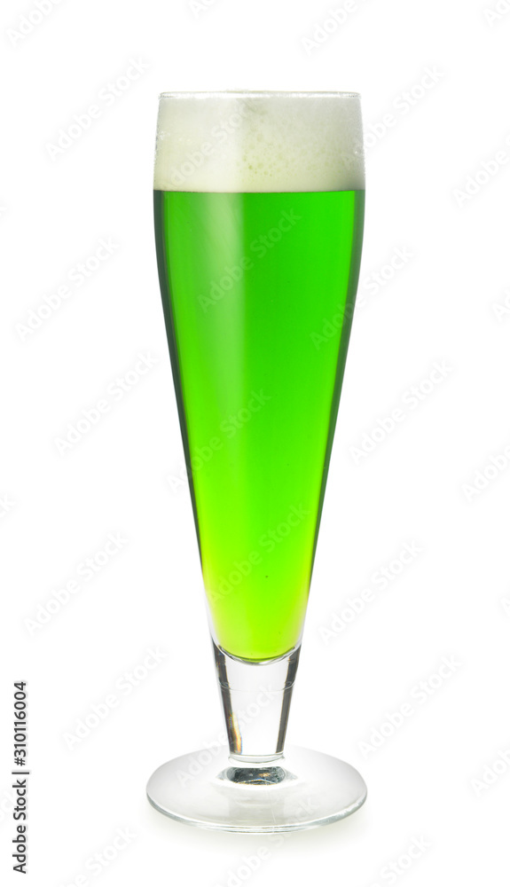 Glass of green beer on white background. St. Patrick's Day celebration Glass of green beer on white background. St. Patrick's Day celebration