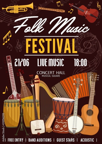Folk music festival, sound band concert poster, musical instruments and notes. Vector stringed and acoustic folk music African jembe drums, Russian accordion harmonica, Japanese shamisen and mandolin
