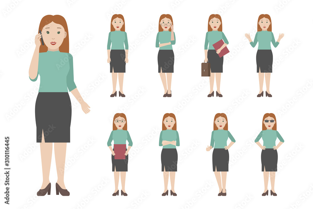 Young Caucasian redhead woman standing in different poses. Vector illustration. Young Caucasian redhead woman standing in different poses. Vector illustration.