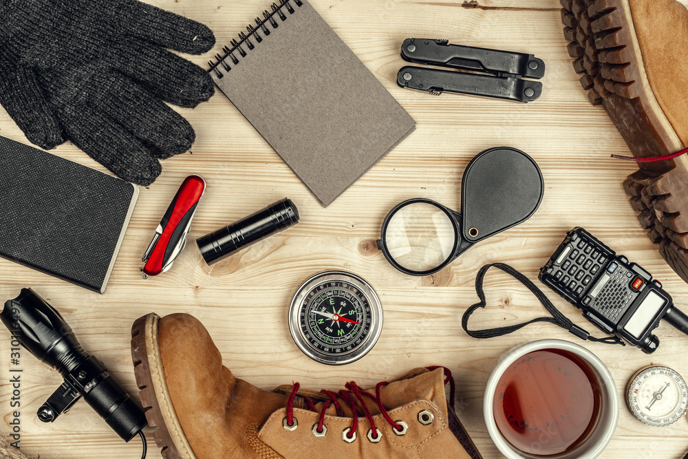 travel hiking equipment tools, view from above travel hiking equipment tools, view from above