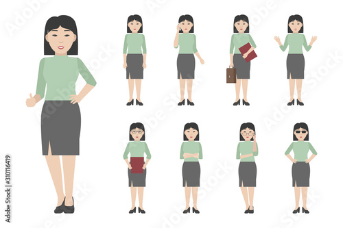 Young Asian woman standing in different poses. Vector illustration.