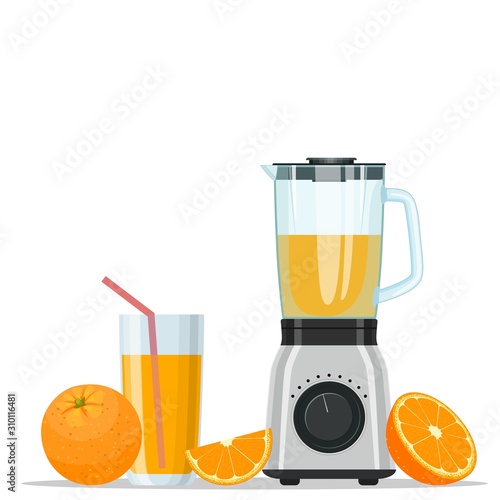 Fruit Juice Squeezer or Blender Kitchen Appliance. Orange juice in a glass and fruit. isolated on white background. Vector illustration in flat style.