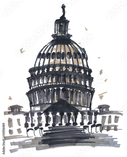 Unated States Capitol building, Washington DC. Sloppy rough markers sketch with caricature style .
