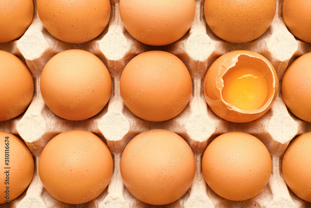 Fresh eggs in package, top view