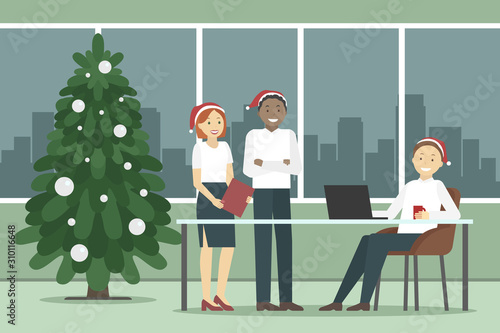 Managers working in Christmas decorated office. Vector illustration.