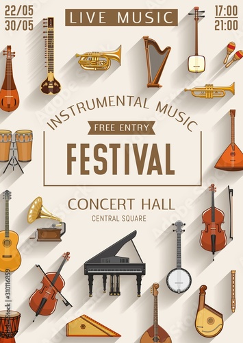 Live music festival, sound band concert hall performance poster. Vector music instruments, piano, violin and jazz saxophone, folk guitars, Russian accordion harmonica, Japanese shamisen and mandolin