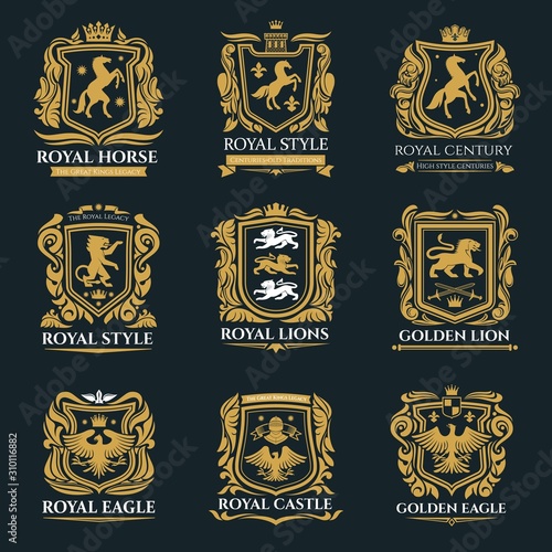 Heraldic animals, royal heraldry emblems, Pegasus horse, Griffin lion and Medieval eagle icons. Vector imperial heraldic shields and coat of arms, gryphon and griffon with golden royal crown