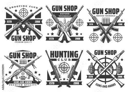 Guns and shotguns shop icons, personal defense ammunition and hunting ammo. Vector military or training shooting ammunition, premium quality bullet rifles and grenades store, hunter shooting range