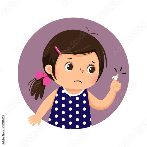 Vector illustration of cartoon sad girl looking at her finger with an adhesive bandage. Health Problems concept.
