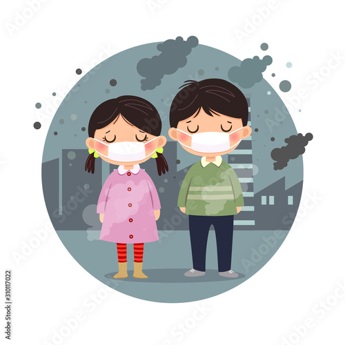 Vector illustration of kids wearing masks against smog in the city. Fine dust, air pollution, industrial smog protection concept.