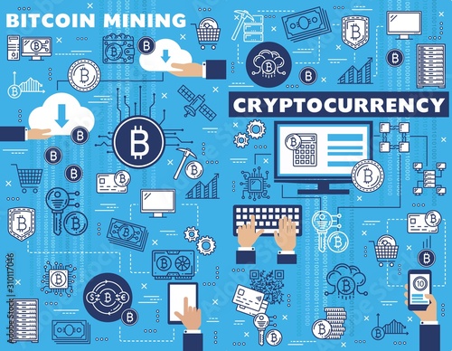 Bitcoin mining, cryptocurrency blockchain and digital money technology. Vector bit coins and crypto currency cloud computer network, virtual block chain exchange and mobile payment transactions