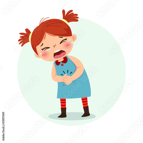 Vector illustration of little girl suffering from stomachache. Health Problems concept.