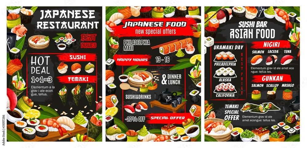 Japanese sushi bar, Asian cuisine food and sashimi rolls menu. Vector Japan restaurant dinner and lunch buffet food offer, California roll and Philadelphia sushi, temaki and gunkan, fish and seafood