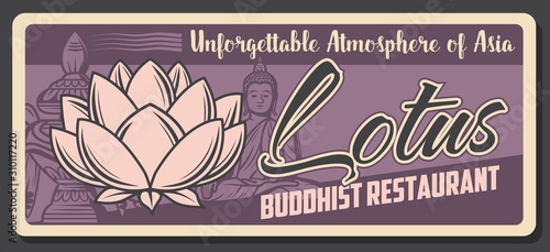 Buddhist oriental cuisine restaurant retro vintage poster. Vector Buddhism religious culture and authentic food, Buddhism religion symbols of lotus and monk in meditation and sanctuary stupa shrine