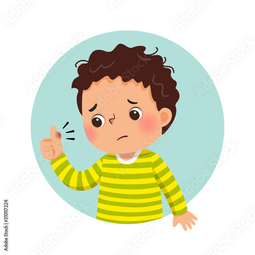 Vector illustration of cartoon sad boy looking at his swollen thumb. Health Problems concept.