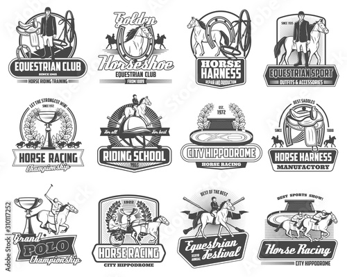Equestrian horse races and equine sport club championship cup heraldic emblems. Vector jockey polo tournament, horse racing school sign, harness manufactory shop and equestrian festival