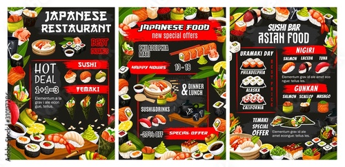 Japanese sushi bar, Asian cuisine food and sashimi rolls menu. Vector Japan restaurant dinner and lunch buffet food offer, California roll and Philadelphia sushi, temaki and gunkan, fish and seafood