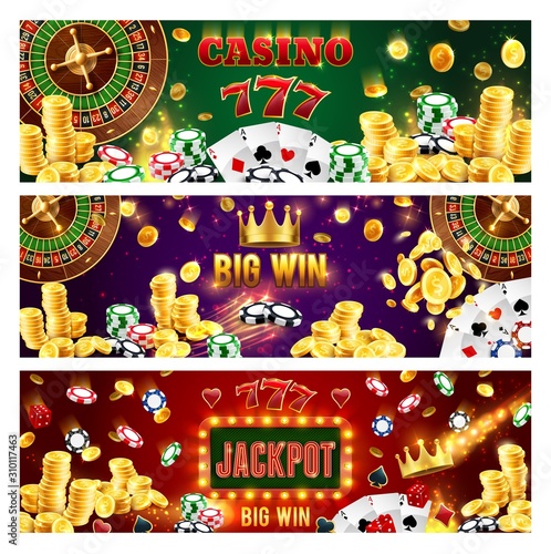 Casino poker gamble game, wheel of fortune roulette jackpot money big win. Vector jackpot golden coins, online casino gambling, lucky spin slot machine, playing cards, chips and dice in neon sign