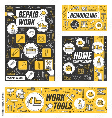 Hose remodeling work tools, home renovation and house construction service. Vector handyman carpentry, masonry and woodwork hand tools, drill and saw, paint, construction hammer and ruler toolkit